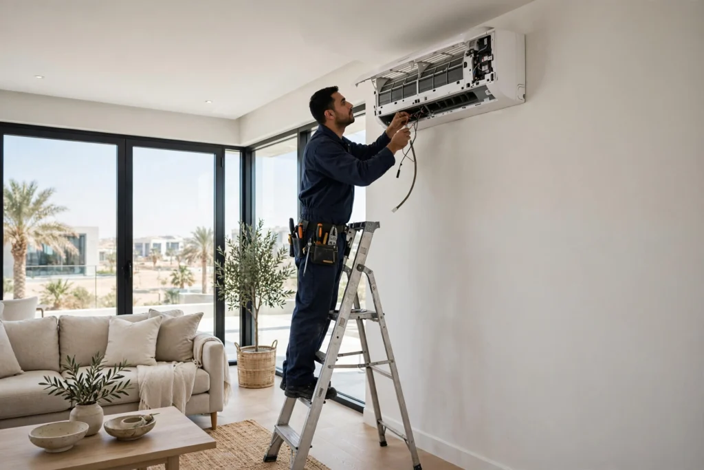 Technician performing split AC installation in Riyadh living room