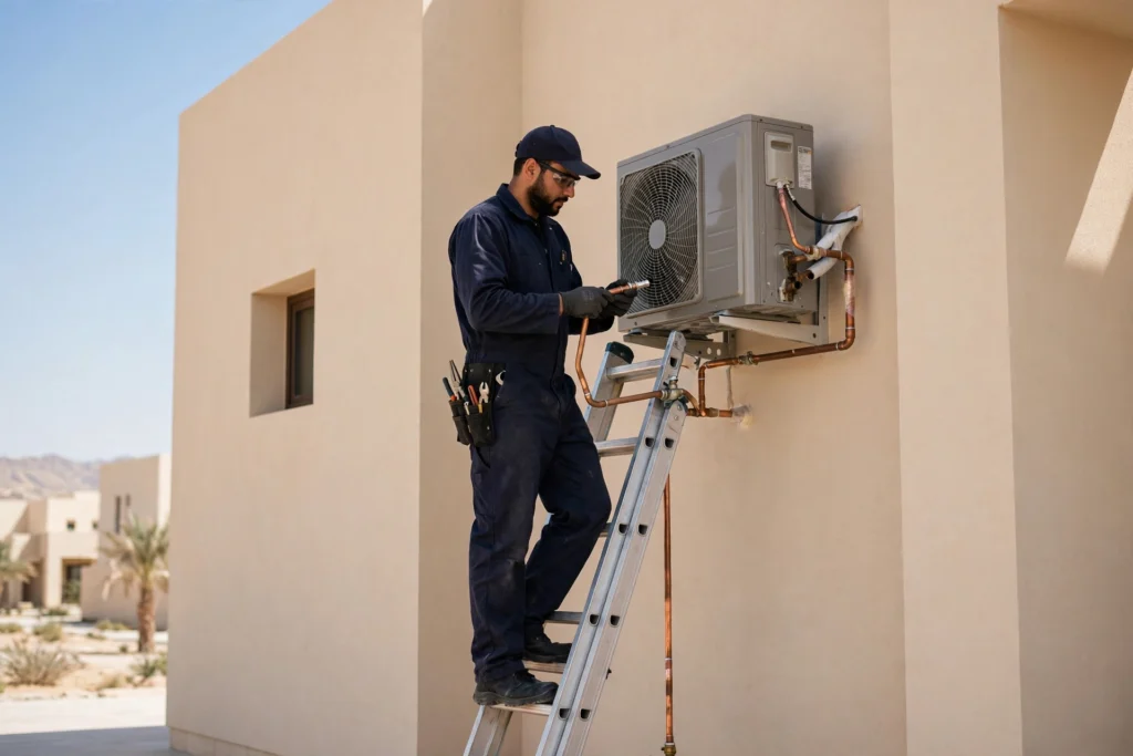 Technician connecting copper piping during outdoor split AC installation in Riyadh villa