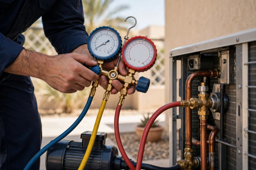 Technician doing pressure and vacuum test during split AC installation in Riyadh