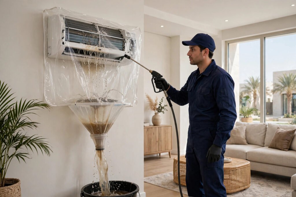 Technician performing a deep chemical wash on a split AC unit