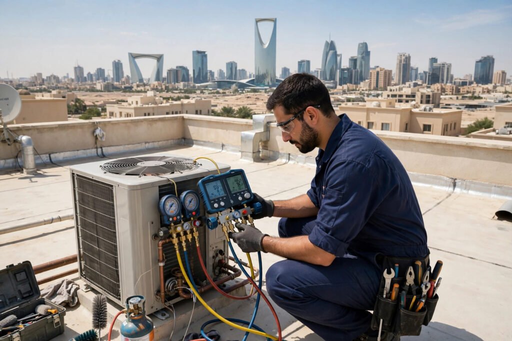 Technician diagnosing an outdoor AC condenser unit with digital gauges