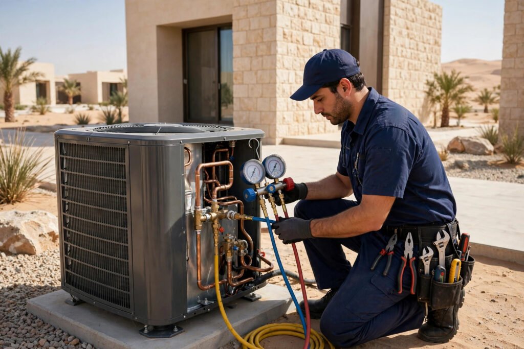 Technician checking freon pressure with digital manifold gauges on outdoor condenser