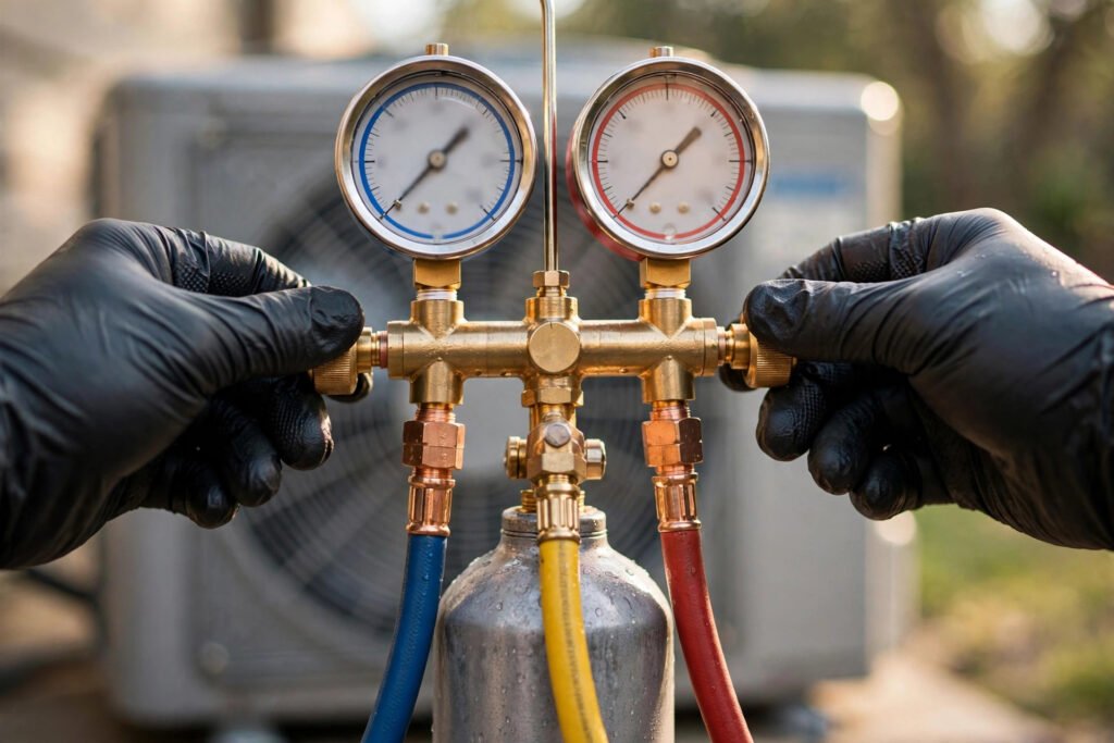 Technician refilling AC refrigerant from cylinder with gauges