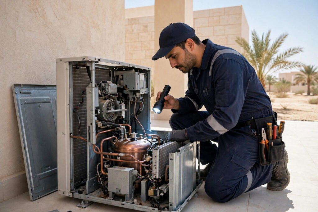 Technician inspecting an AC compressor in the outdoor unit