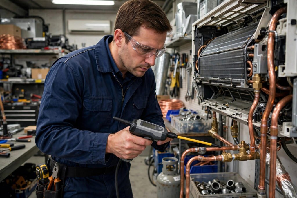 Technician using electronic leak detector on AC copper lines