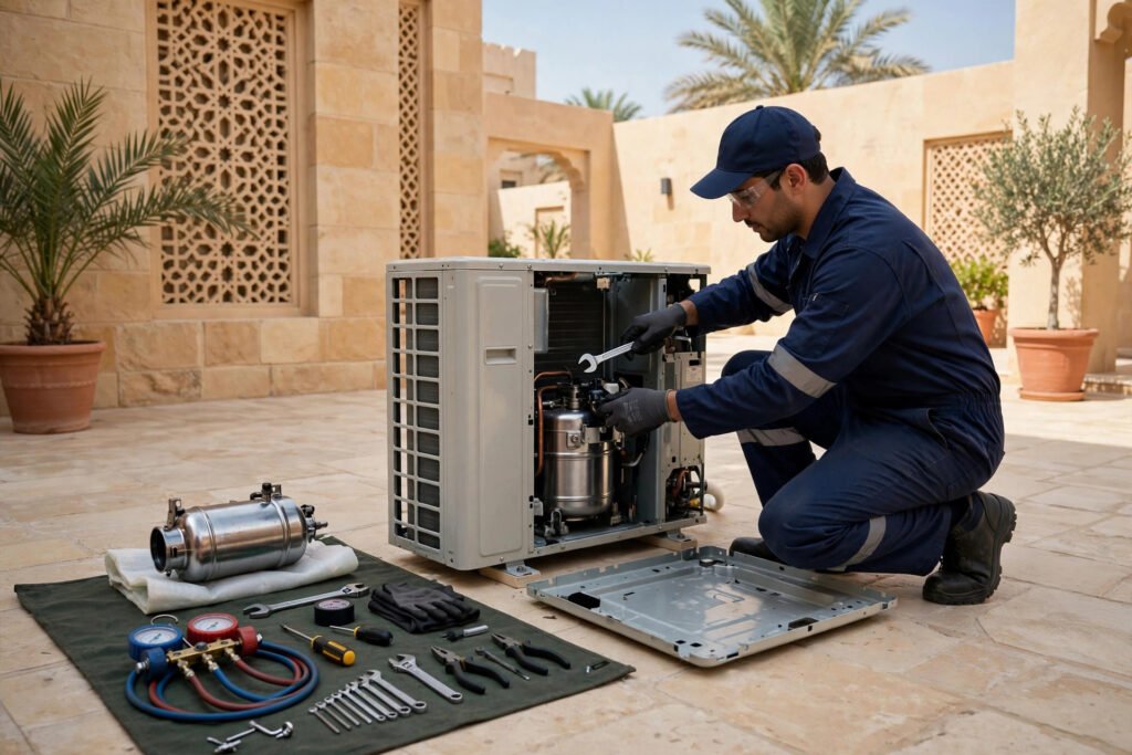 Technician replacing an AC compressor with professional tools