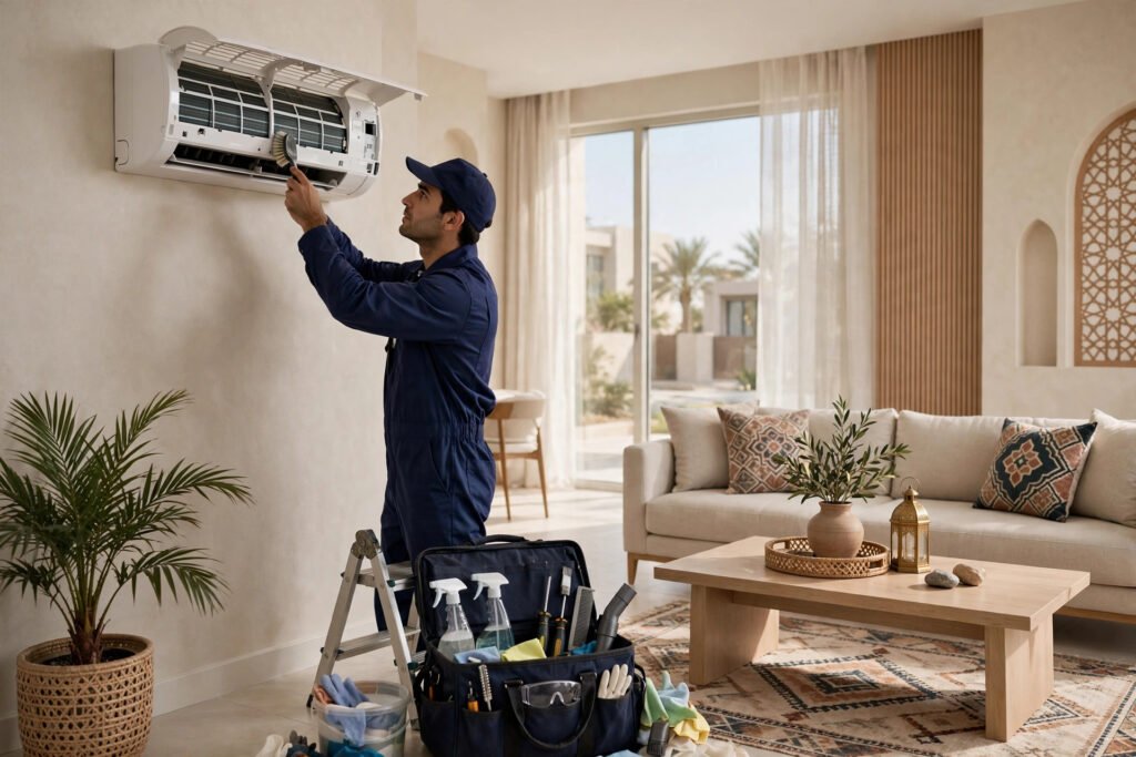 Technician servicing a split AC indoor unit in Riyadh