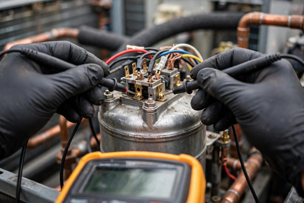 Technician testing compressor terminals with a multimeter