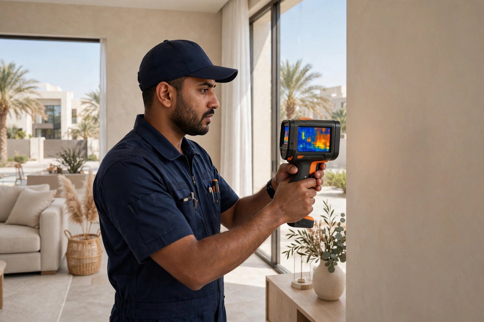 Technician scanning wall with thermal imaging camera in villa living room