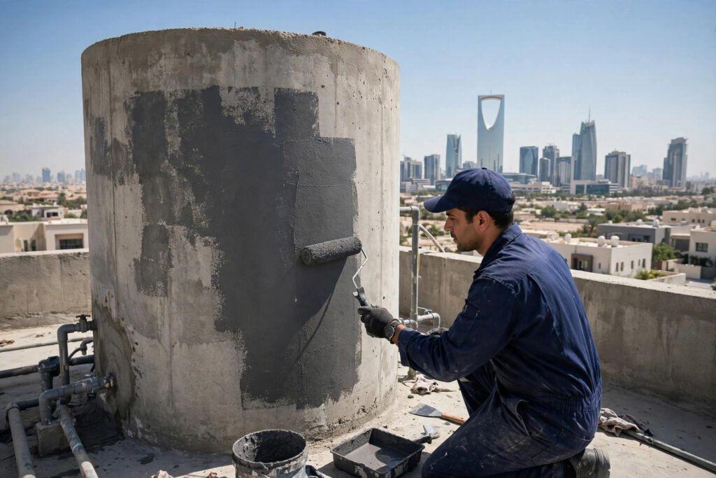 Uniformed technician performing water tank waterproofing in Riyadh on a villa rooftop concrete tank