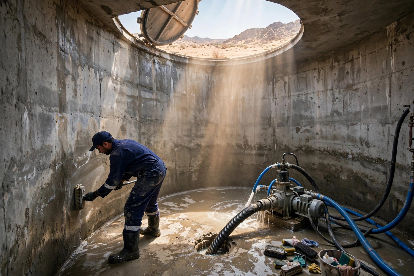 Technician draining and cleaning the inside of a concrete water tank before waterproofing in Riyadh
