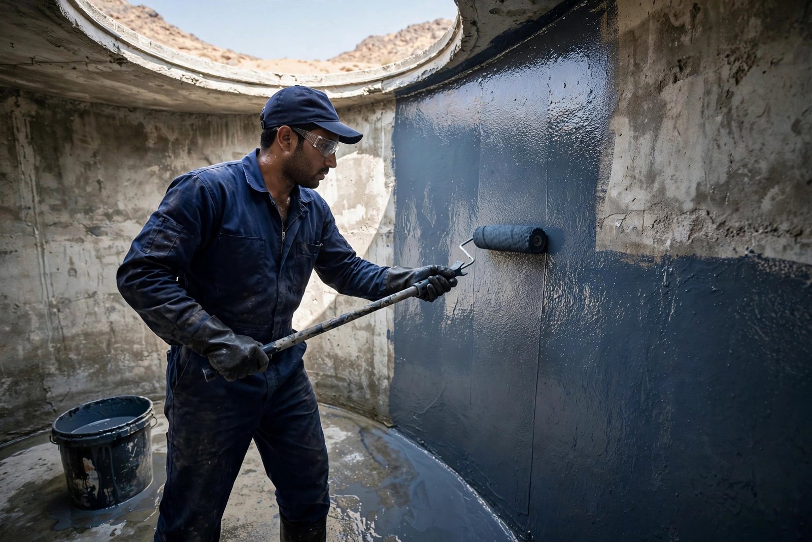 Technician applying potable-safe waterproof coating to water tank interior walls, water tank waterproofing Riyadh